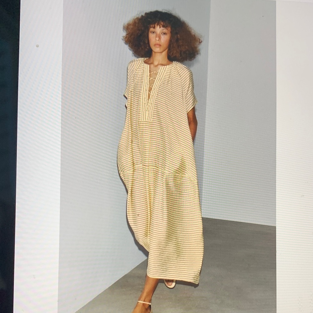 Zara Beige yellow  and White Striped Dress